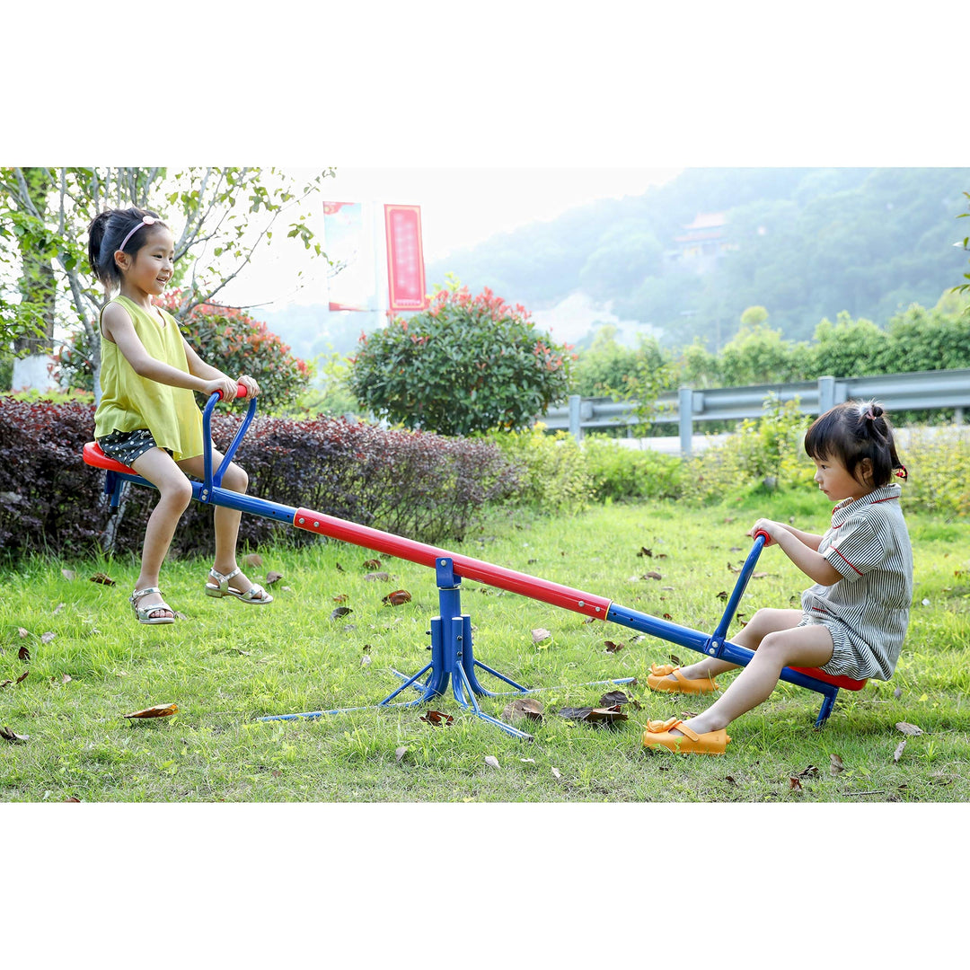 Extendable Outdoor Red and Blue Metal Rotating Seesaw Slide - Diamond Home USA