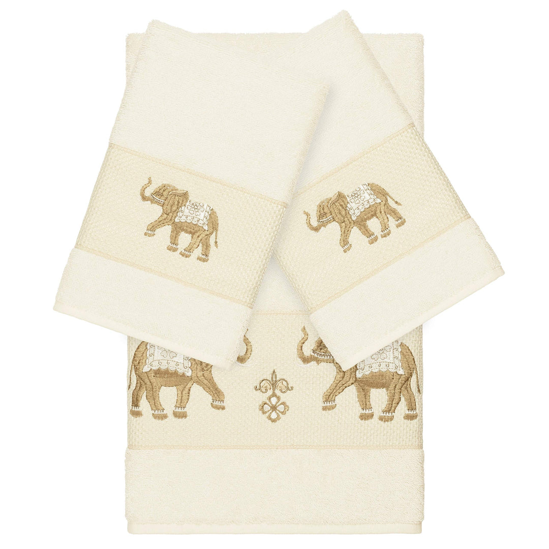 Turkish Cotton Elephants Embroidered Cream 3-Piece Towel Set Cream Terry Cloth