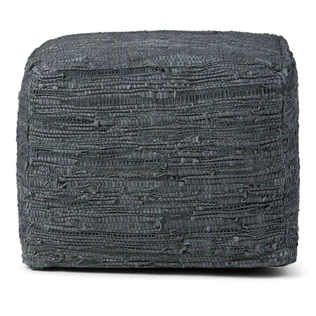 SIMPLIHOME Fredrik Square Pouf Foosool Upholsered in Grey Woven Leaher for - Diamond Home USA