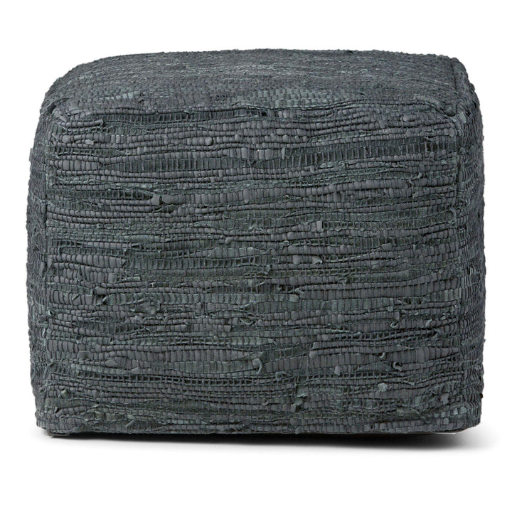 SIMPLIHOME Fredrik Square Pouf Foosool Upholsered in Grey Woven Leaher for - Diamond Home USA