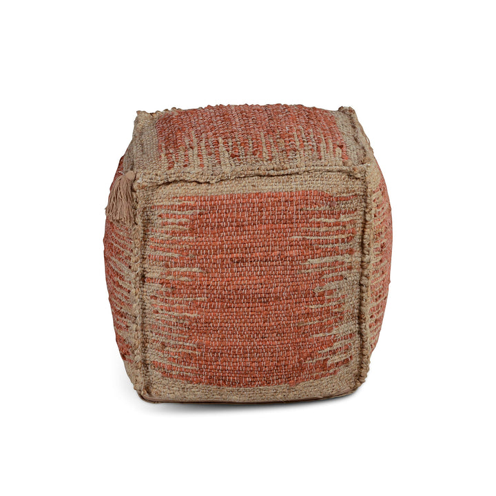 Handwoven Jute Pouf Red Moroccan Bohemian Eclectic Pattern Square Cotton Wool - Diamond Home USA