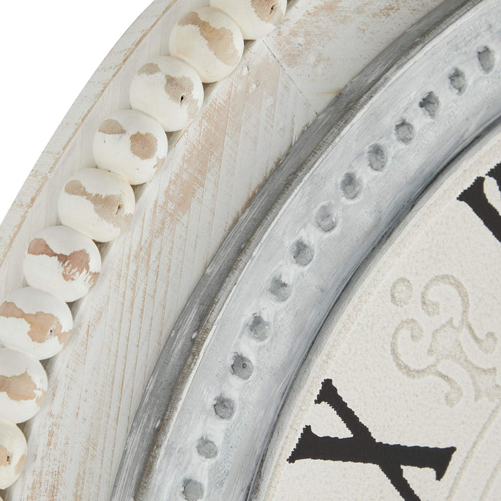 Round Distressed White and Grey Wood Wall Clock with Beaded Textured Rim " X - Diamond Home USA
