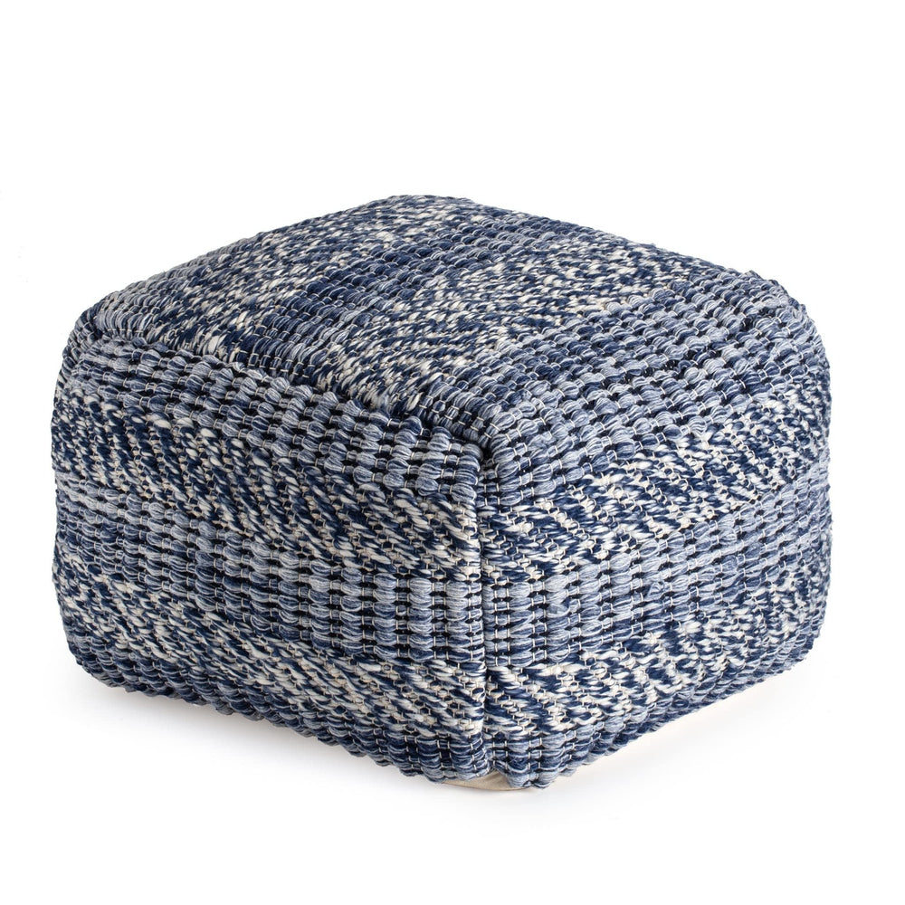 Navy Stripes 22" X 16" Ivory Square Pouf Ottoman Blue Bohemian Eclectic Modern - Diamond Home USA