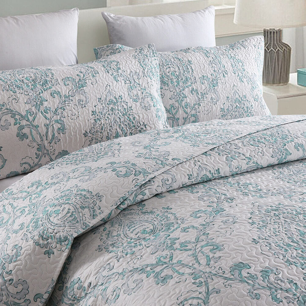 3 Piece King Size with Pillow Shams Blue Flower Floral French Country Microfiber - Diamond Home USA