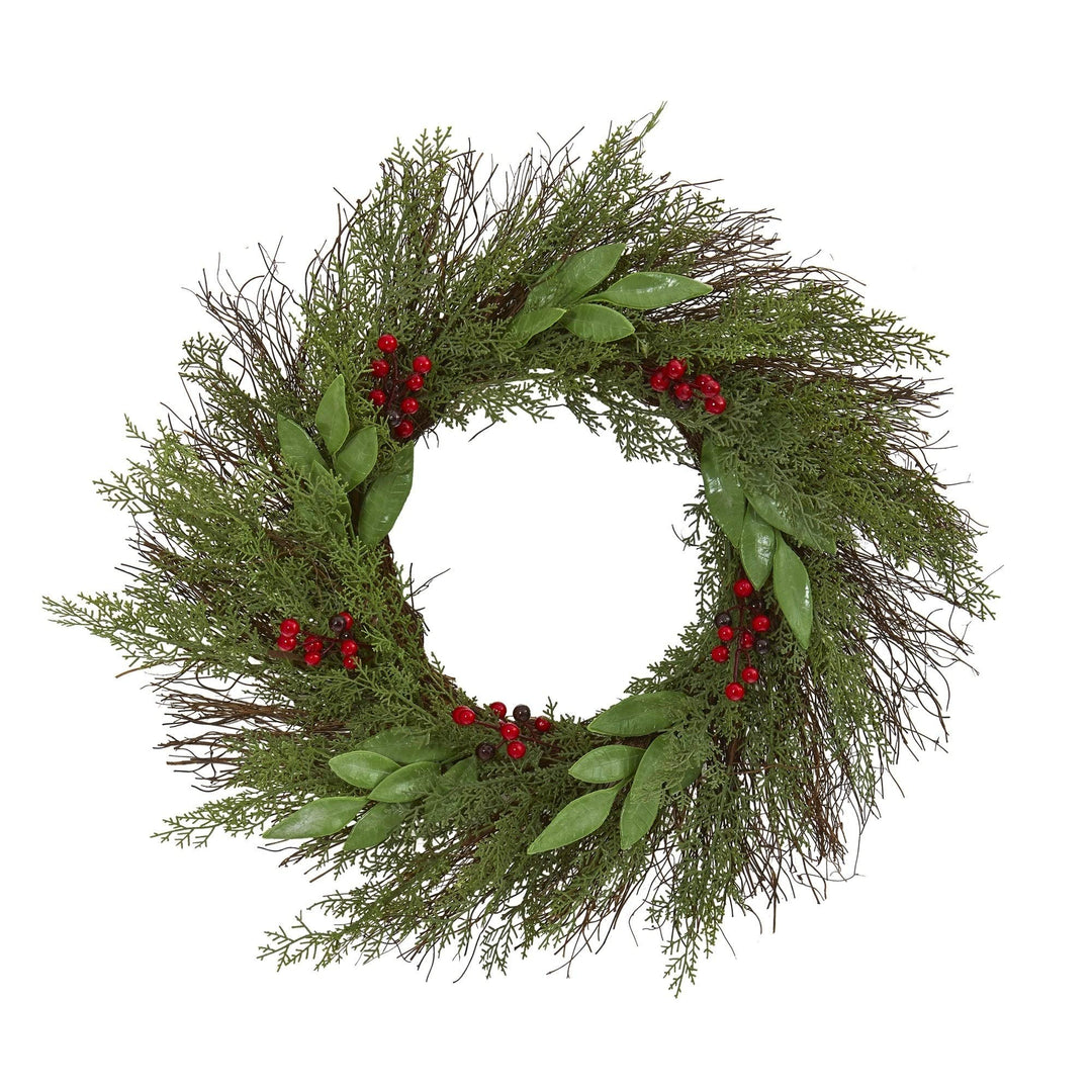 20" Cedar and with Berries Artificial Wreath Green Polyester