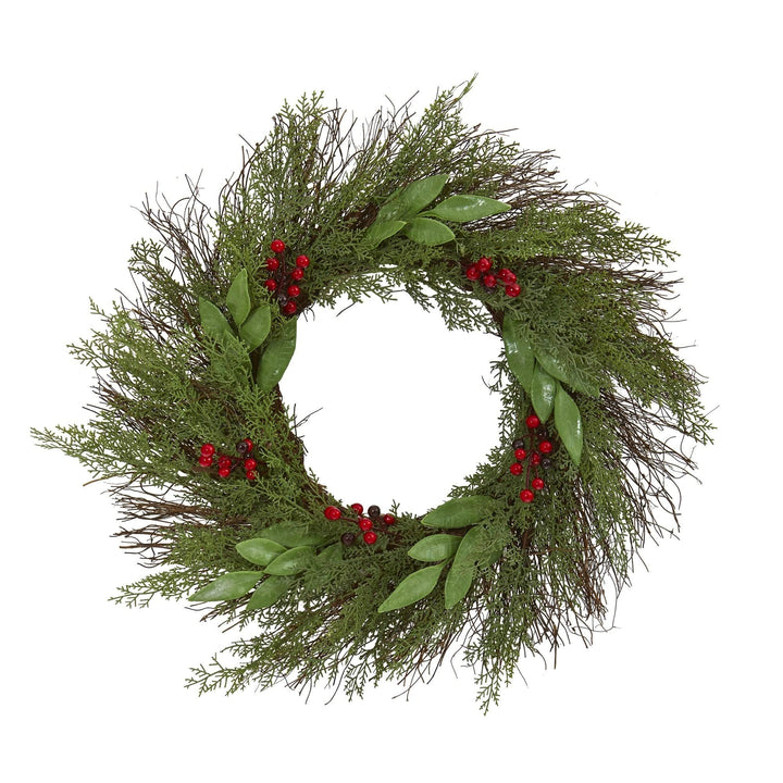 20" Cedar and with Berries Artificial Wreath Green Polyester
