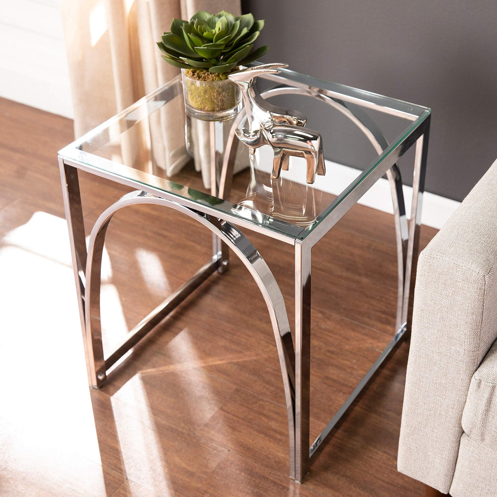Contemporary Silver Glass End Table Square Iron Chrome Finish Includes Hardware - Diamond Home USA