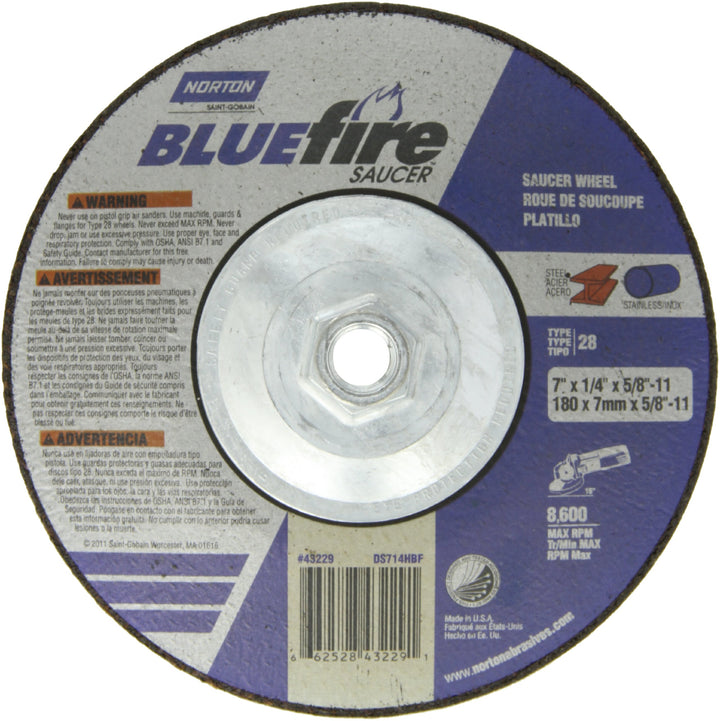 Norton Blue Fire Plus Saucer Depressed Center Abrasive Wheel Type 28 Zirconia