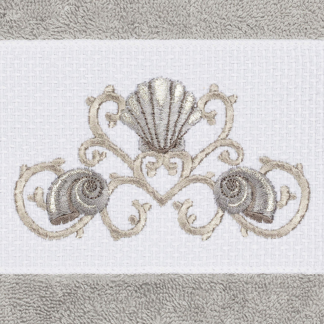 Turkish Cotton Shells Embroidered Light Grey 4-Piece Hand Towel Set Terry Cloth - Diamond Home USA