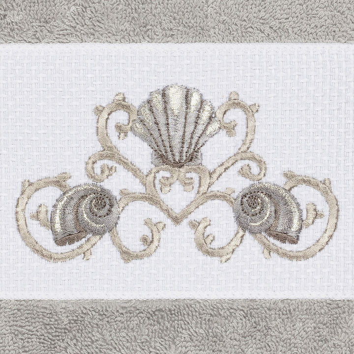 Turkish Cotton Shells Embroidered Light Grey 4-Piece Hand Towel Set Terry Cloth - Diamond Home USA