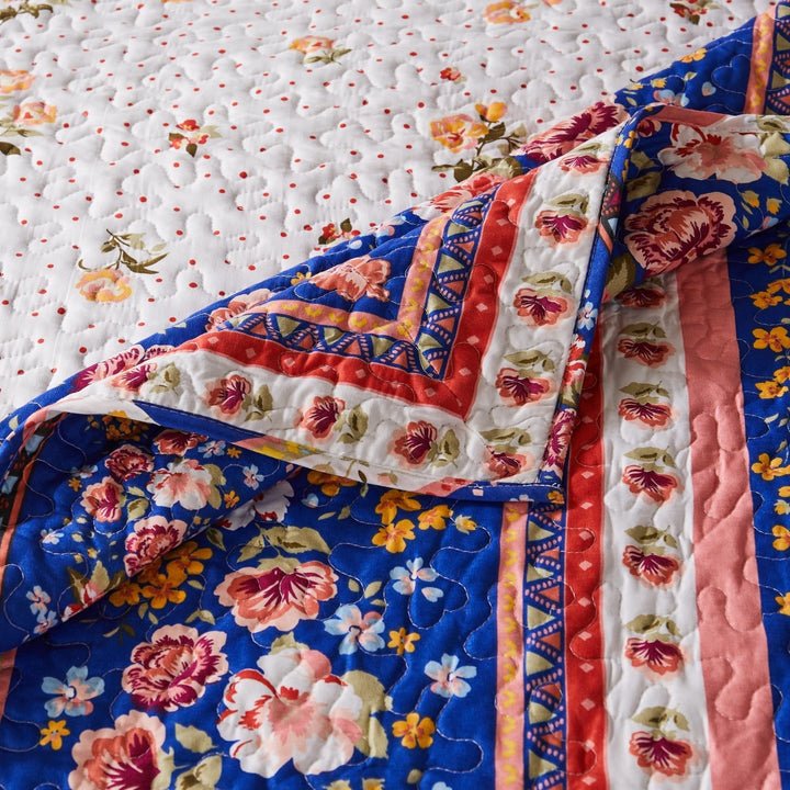 Cotton-Rich Reversible Throw Blanket Blue Pink White Border Floral Striped - Diamond Home USA