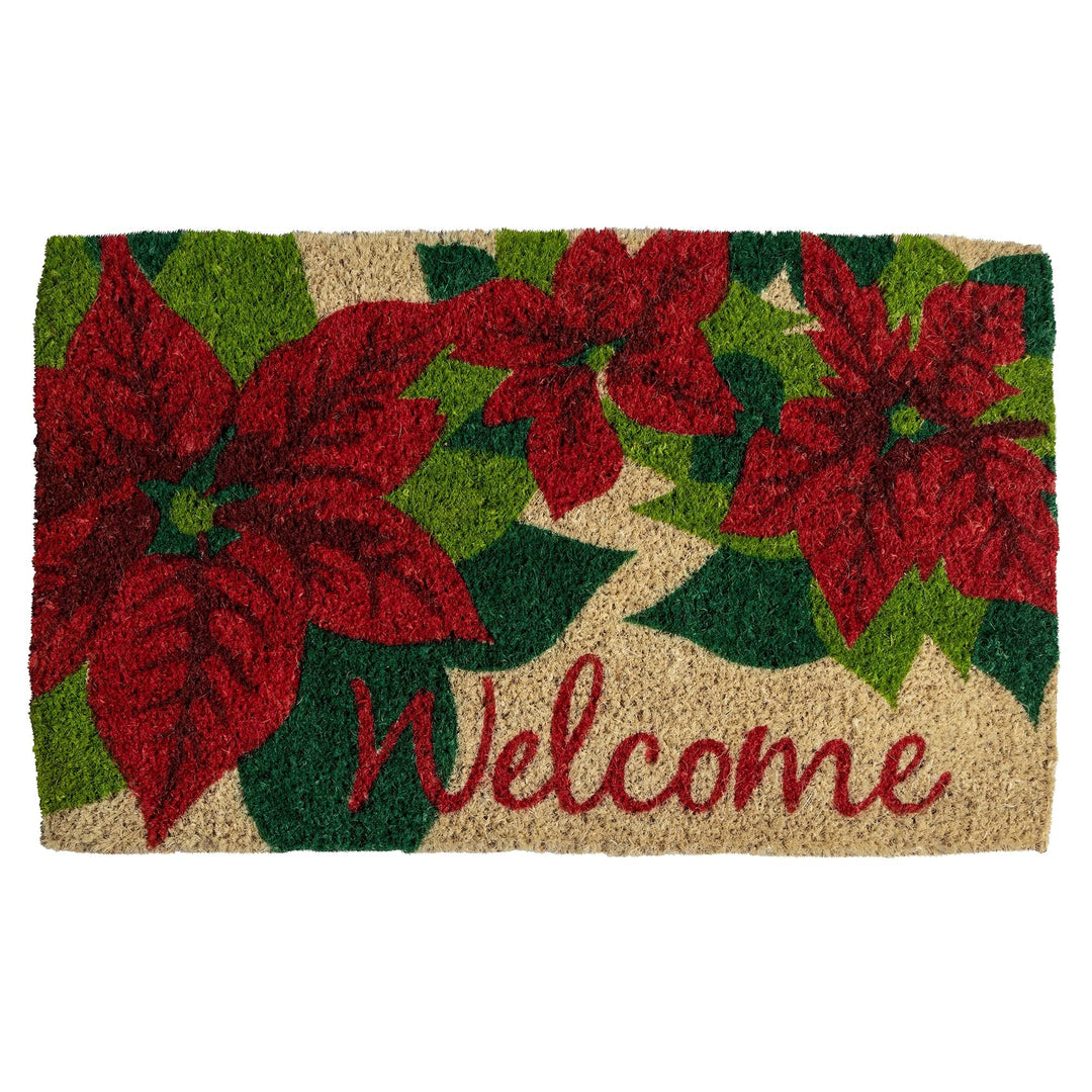 Poinsettia Welcome Handwoven Coconut Fiber Doormat Green Transitional