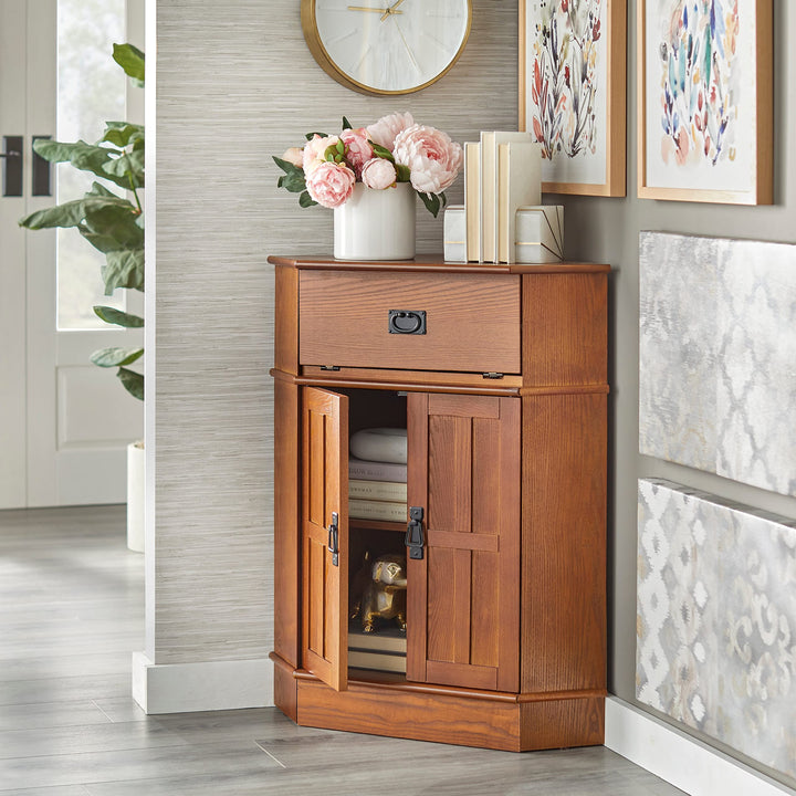 Mission Wood Corner Cabinet 34" h X 24" w 18" l Brown Oak Finish - Diamond Home USA