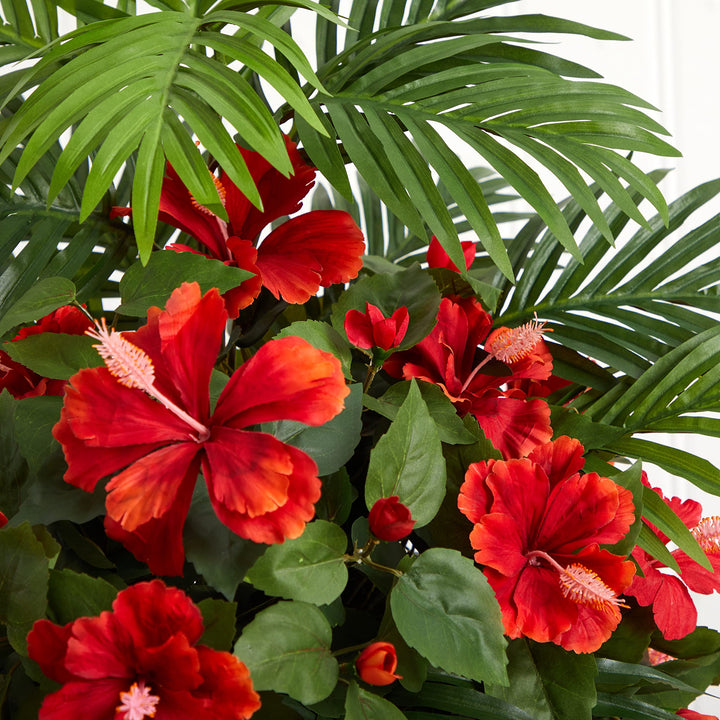 Nearly Natural Hibiscus and Areca Palm Artificial White Bowl Silk Plants Red - Diamond Home USA