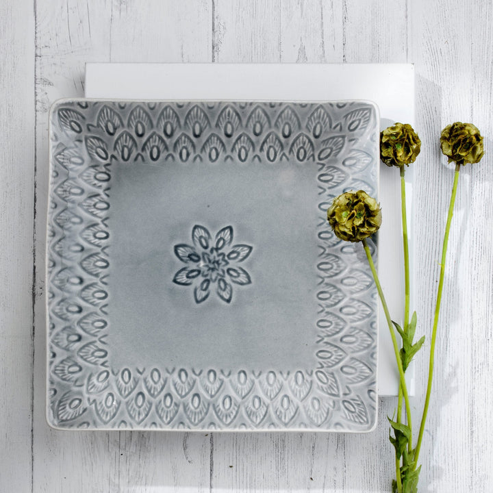 Euro Peacock 11.5 Inch Stoneware Square Serving Platter In Grey 11.4 X 1.1 - Diamond Home USA