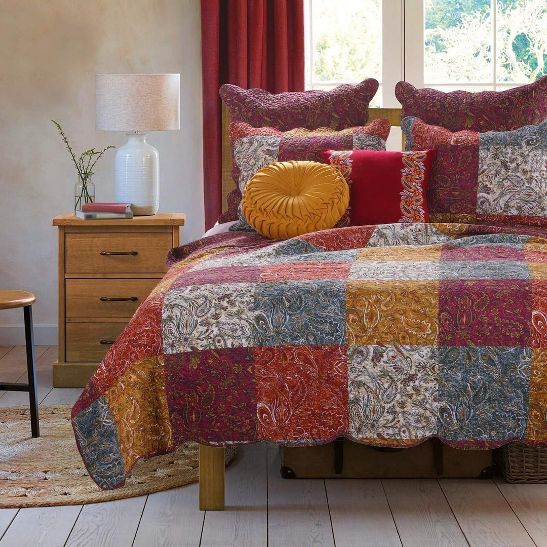 3 Piece Grey Purple Yellow Patchwork Quilt King/Cal King Set Patch Work King/King - Cal King/California King