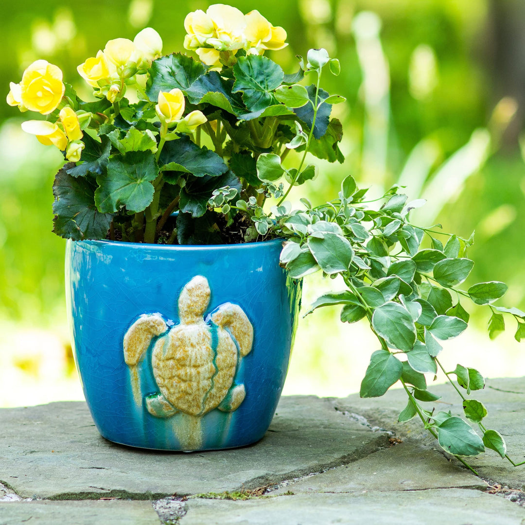 Claybarn Grotto Aqua Stoneware 7" Seaturtle Planter - Diamond Home USA