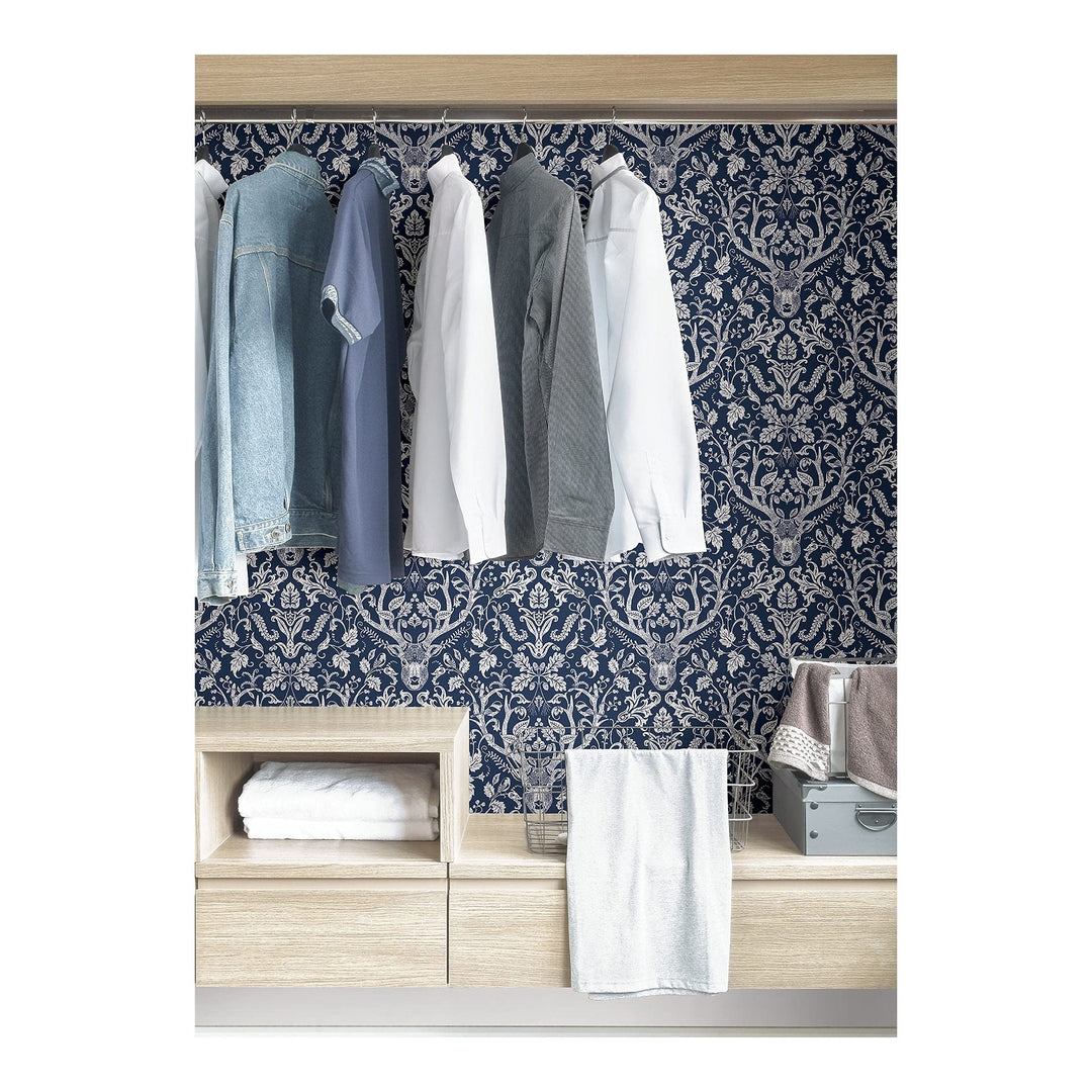 Navy Escape to The Forest Peel Stick W X 20.5in Blue Damask Wildlife Vinyl - Diamond Home USA