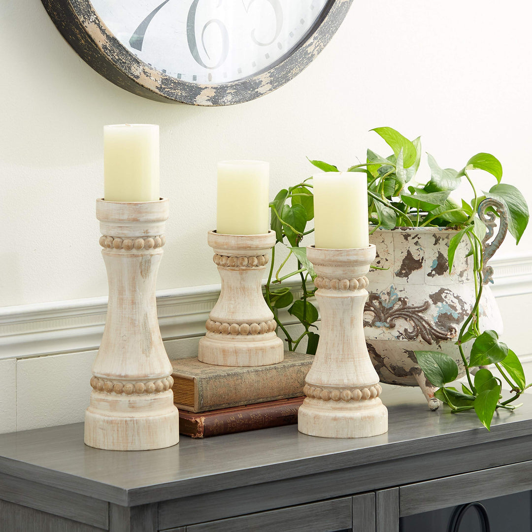 Cream Wood Farmhouse Candle Holder (Set of 3) 5 X 12 Off/White Country