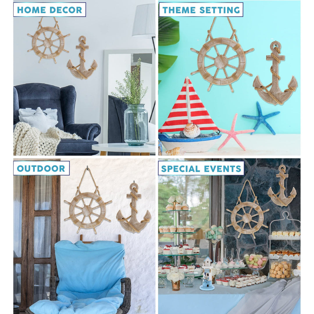 Beach Wall Anchor and Ship Wheel Set with Ropes 18 Inches Brown Wood Handmade - Diamond Home USA