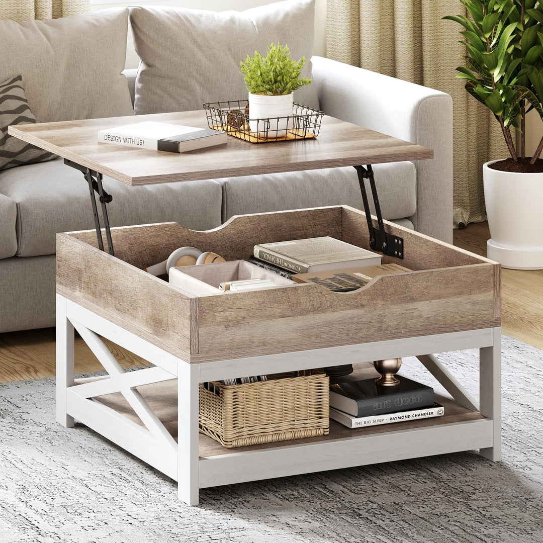 Farmhouse Lift Top Square Coffee Table with Storage and Shelf Grey Modern Grey Wash
