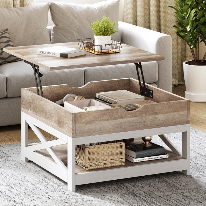 Farmhouse Lift Top Square Coffee Table with Storage and Shelf Grey Modern Grey Wash