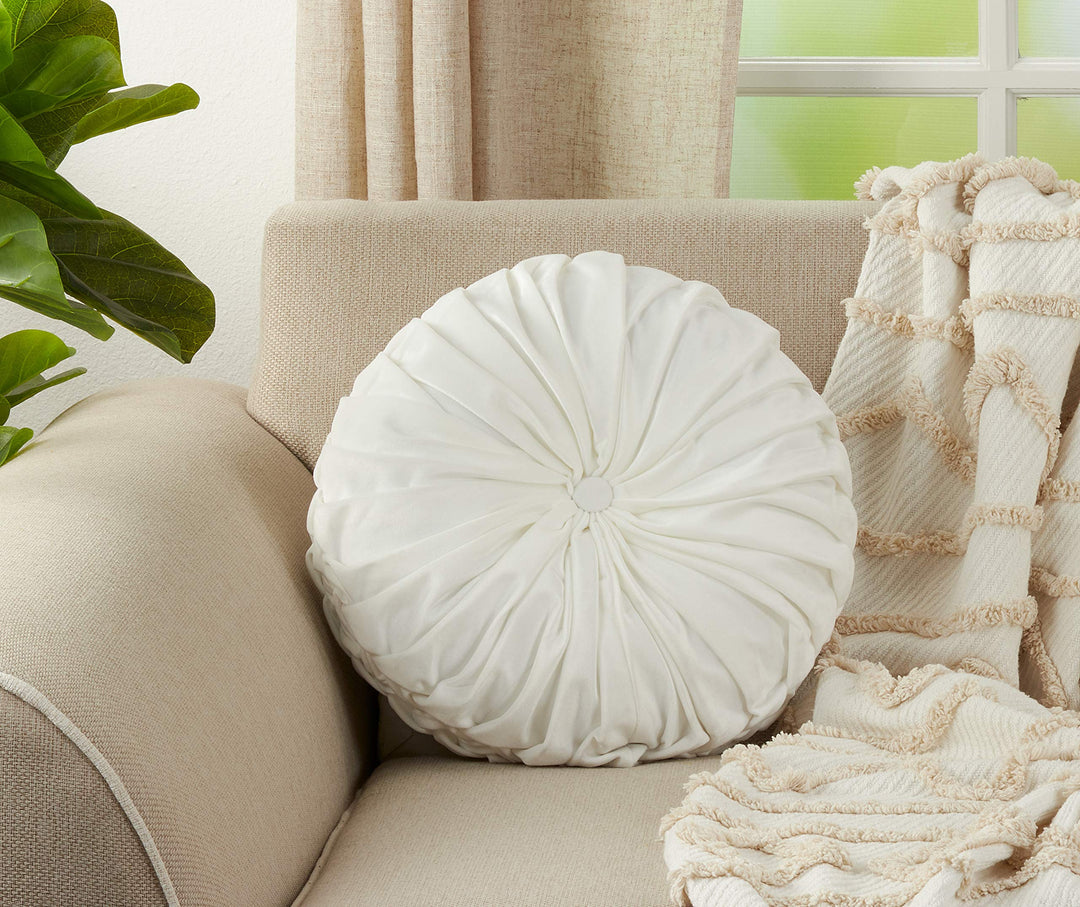 SARO LIFESTYLE Madison Collection Round Velvet Pintucked Throw Poly Filled White - Diamond Home USA
