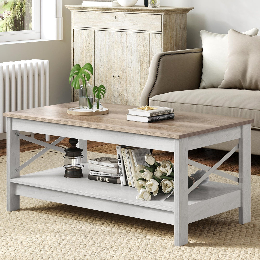 Farmhouse offee Table with Storage 2-Tier enter for Living Room White Modern Grey Wash Top+White
