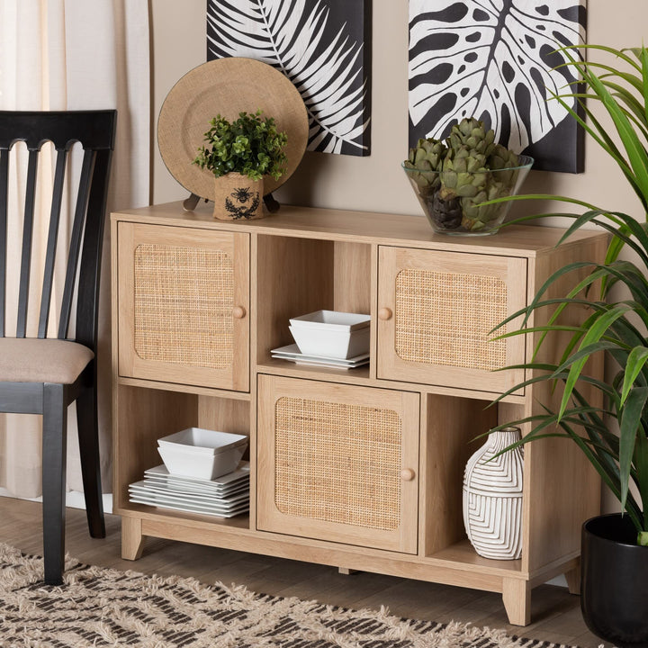 Mid-Century Modern Light Brown Finished Wood and Natural Rattan 3-Door Sideboard