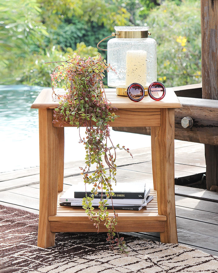 Cambridge Casual Wood Mosko Square Side Table with Shelf Natural Teak - Diamond Home USA
