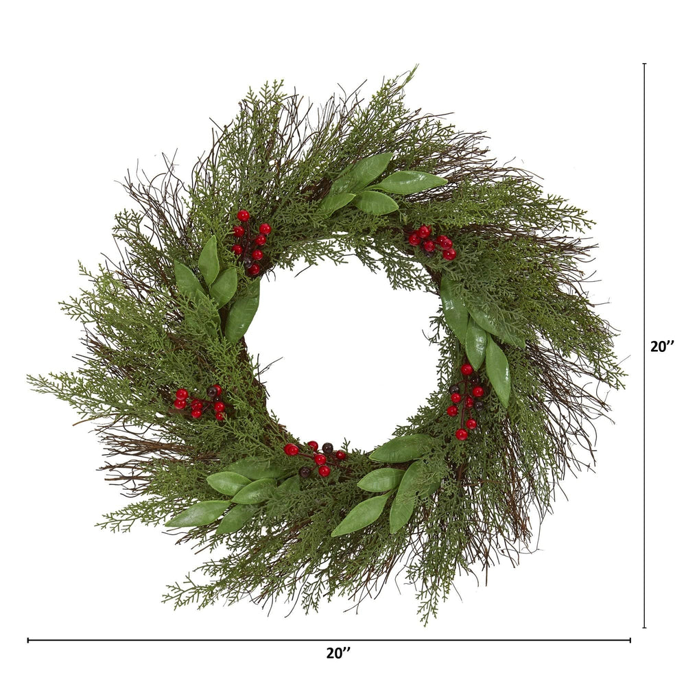 20" Cedar and with Berries Artificial Wreath Green Polyester - Diamond Home USA