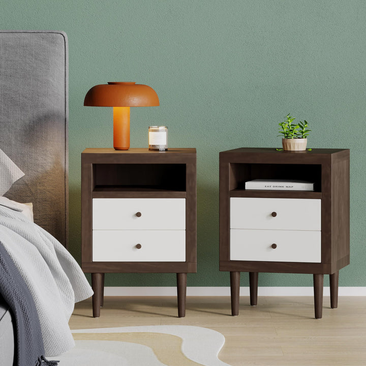 2 Drawer Nightstands White Mid-Century Modern MDF Rubberwood Walnut Finish