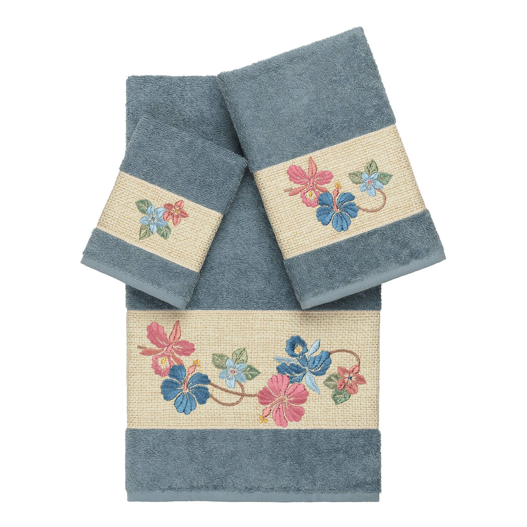 Authentic Hotel and Spa Turkish Cotton Floral Vine Embroidered Teal Blue 3-Piece