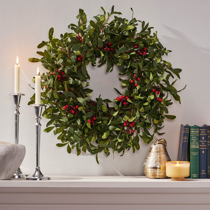 25inch Olive Artificial Silk Wreath with Berries Green + Red Multicolor Medium