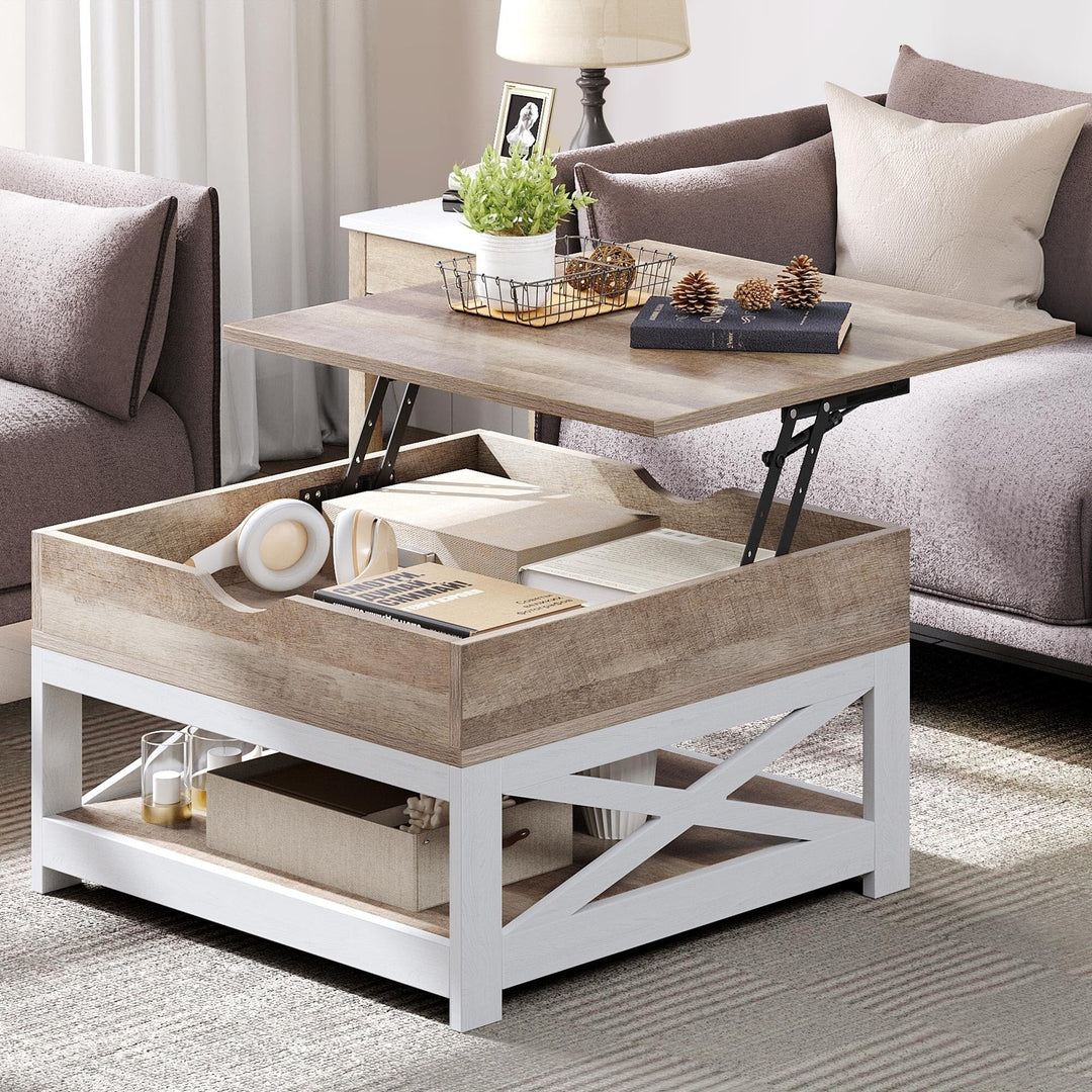 Farmhouse Lift Top Square Coffee Table with Storage and Shelf Grey Modern - Diamond Home USA