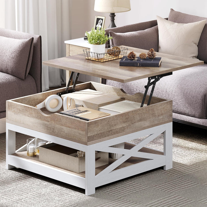Farmhouse Lift Top Square Coffee Table with Storage and Shelf Grey Modern - Diamond Home USA