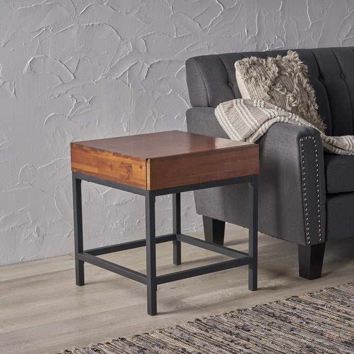 Industrial Square Acacia Wood Storage End Table by Brown Country Farmhouse - Diamond Home USA