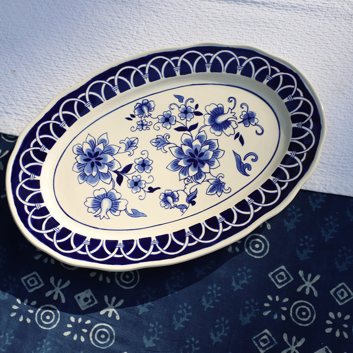 Euro Blue Garden 18" Stoneware Oval Serving Platter 17.8 X 12.6 1.3" Off/White - Diamond Home USA