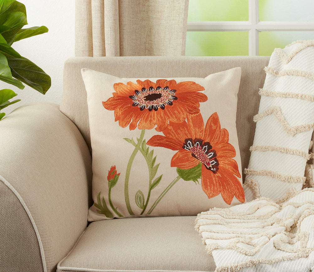 SARO LIFESTYLE 434P Le Tournesol Collection Embroidered Sunflower Design Linen Orange - Diamond Home USA