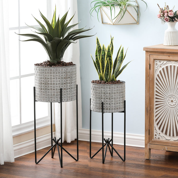 Set of 2 Metal Planters with Stands Black Grey Industrial Modern Contemporary