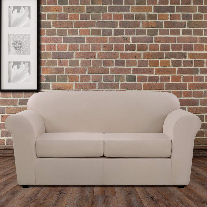 SureFit Ultimate Stretch Leather 3 PC Loveseat Slipcover in Pebbled Ivory - Diamond Home USA