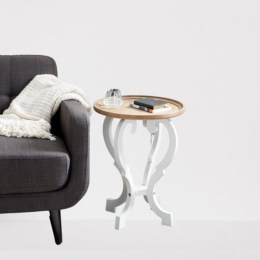 Scrolled Wood Round End Accent Table White Farmhouse French Country Finish Shelf - Diamond Home USA