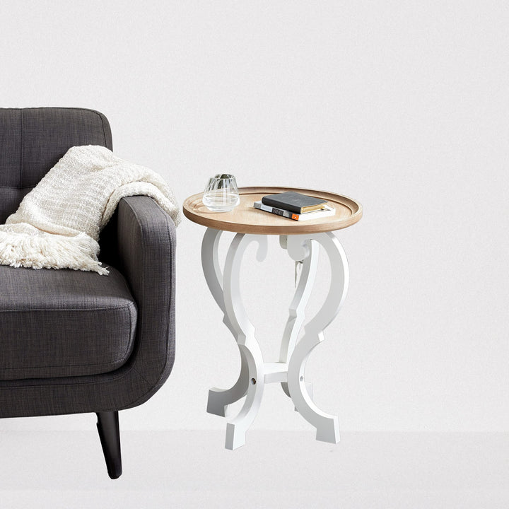 Scrolled Wood Round End Accent Table White Farmhouse French Country Finish Shelf - Diamond Home USA