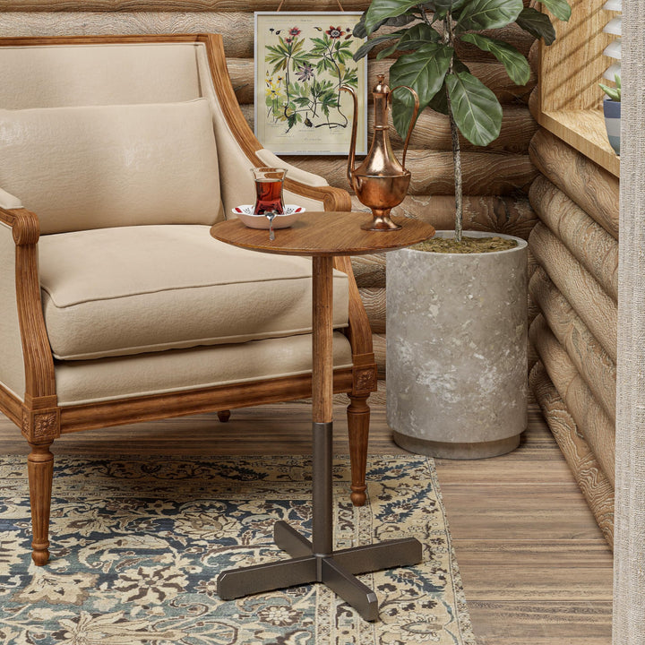 Small Pedestal End Table Modern Drink with Solid Fir Wood Top and Metal Base