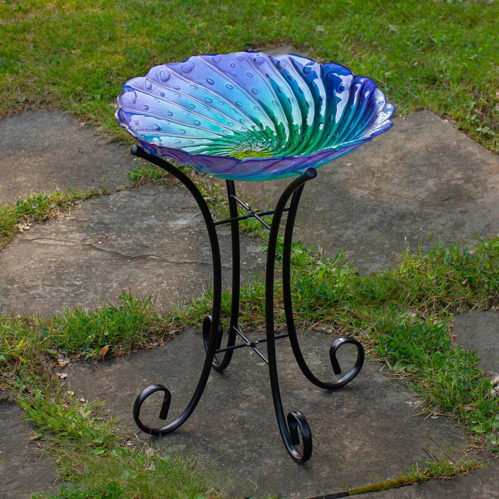 18" Purple and Green Swirled Hand Painted Glass Outdoor Birdbath - Diamond Home USA