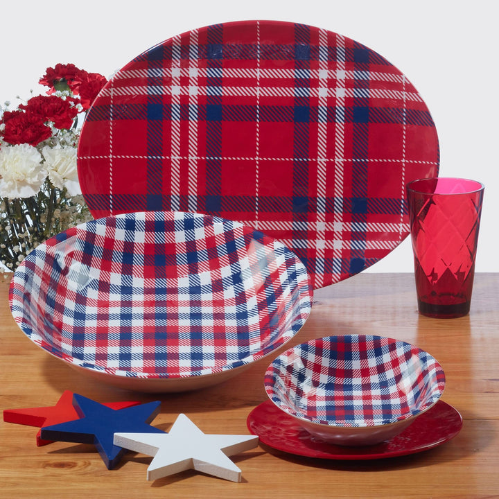 Patriotic Plaid 9" Salad/dessert Plates Set Of 6 Dia. Blue Red White Stripe - Diamond Home USA
