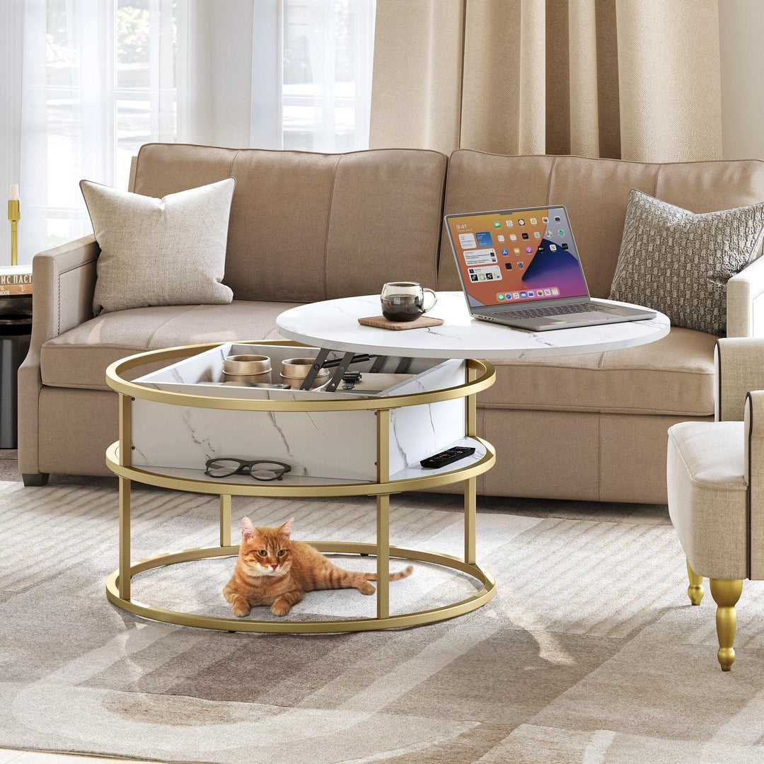 Round Lift Top Coffee Table White Marble and Frame Modern Contemporary - Diamond Home USA