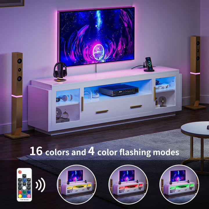 White Led Tv Stand Media nsole Table with Drawer Fits Tvs Up to 75" Modern - Diamond Home USA