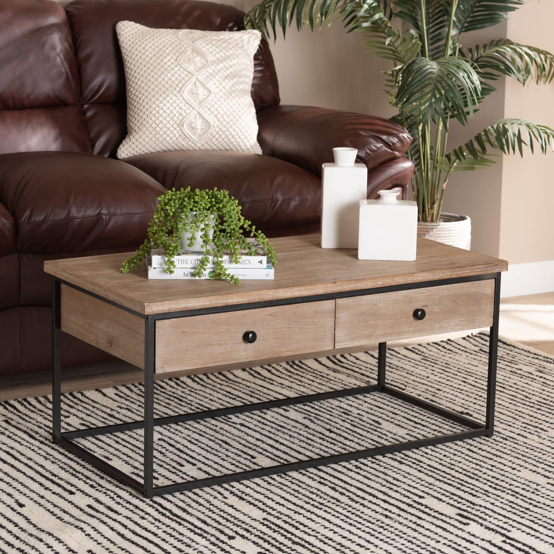 Modern Weathered Oak Finished Wood/Metal Coffee Table Brown Contemporary