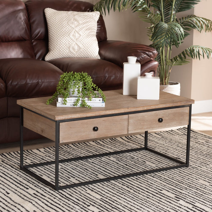 Modern Weathered Oak Finished Wood/Metal Coffee Table Brown Contemporary